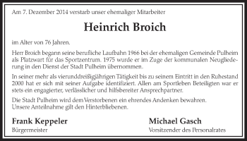 Anzeige von Heinrich Broich von  Sonntags-Post 