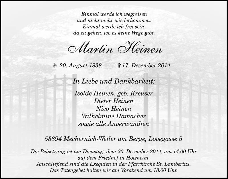  Traueranzeige für Martin Heinen vom 28.12.2014 aus  Blickpunkt Euskirchen 