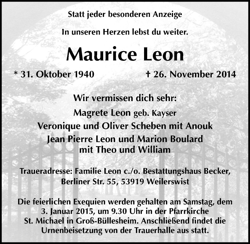  Traueranzeige für Maurice Leon vom 28.12.2014 aus  Blickpunkt Euskirchen 
