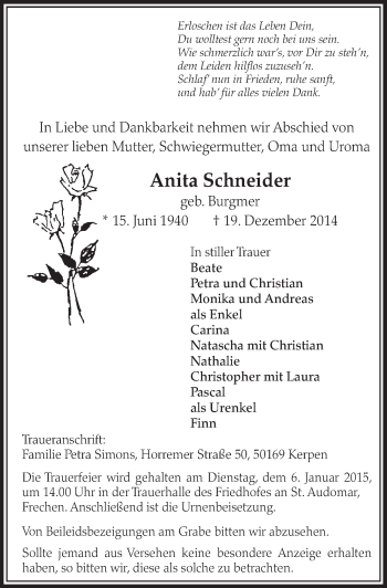 Anzeige von Anita Schneider von  Sonntags-Post 