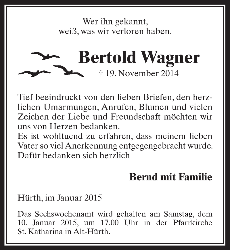  Traueranzeige für Bertold Wagner vom 07.01.2015 aus  Wochenende 