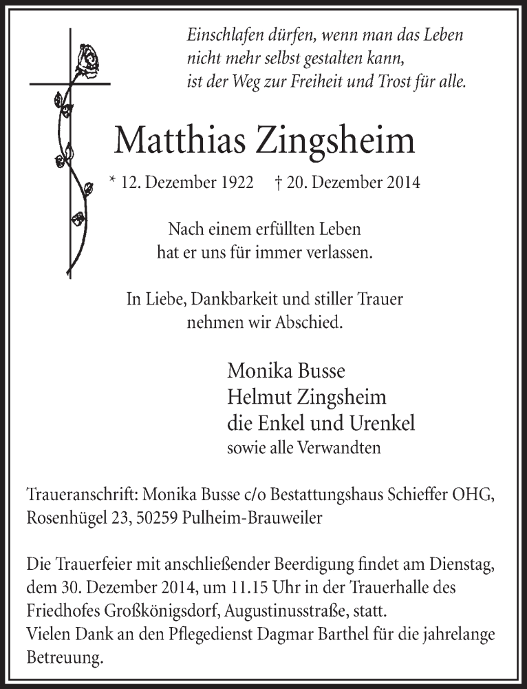  Traueranzeige für Matthias Zingsheim vom 27.12.2014 aus  Sonntags-Post 