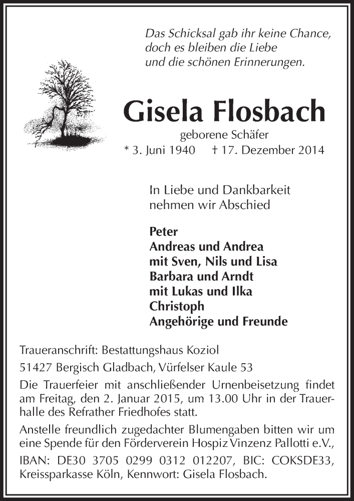  Traueranzeige für Gisela Flosbach vom 30.12.2014 aus  Bergisches Handelsblatt 