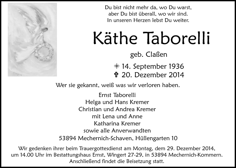  Traueranzeige für Käthe Taborelli vom 28.12.2014 aus  Blickpunkt Euskirchen 