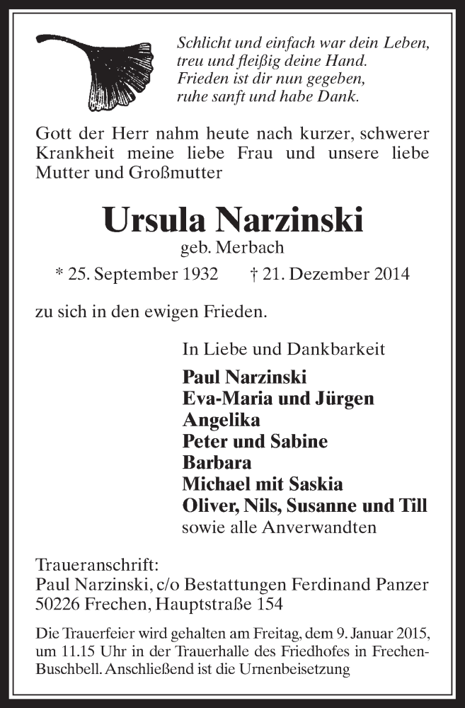  Traueranzeige für Ursula Narzinski vom 30.12.2014 aus  Wochenende 