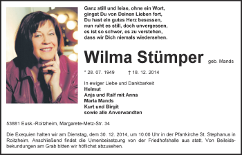 Anzeige von Wilma Stümper von  Blickpunkt Euskirchen 
