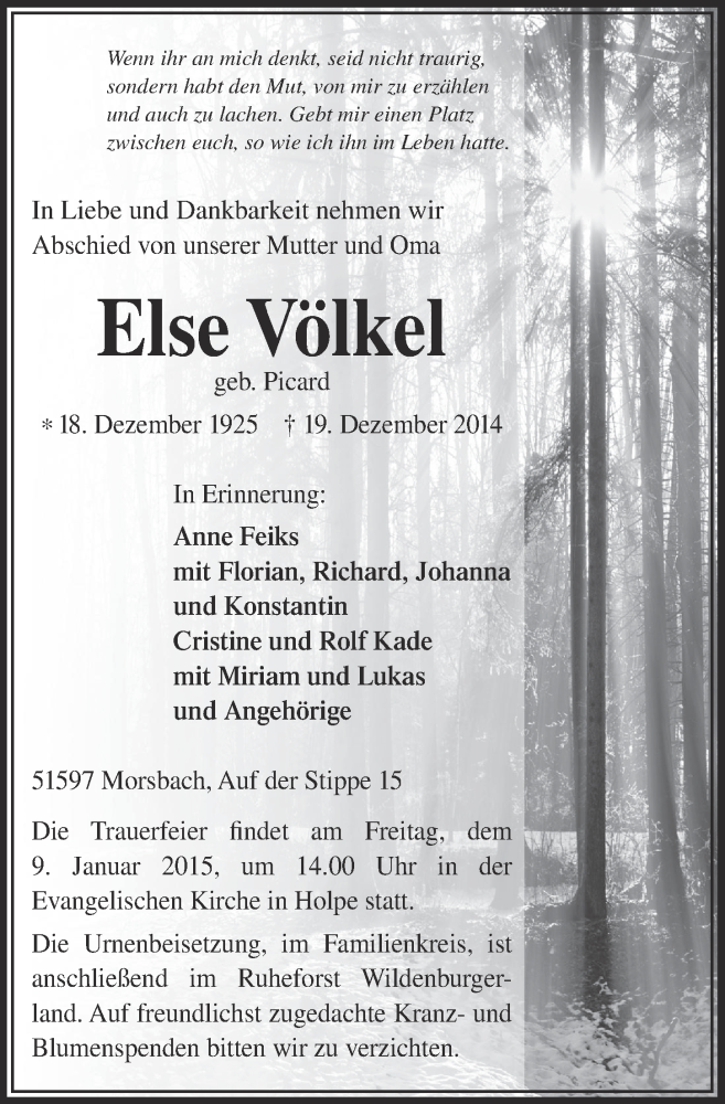  Traueranzeige für Else Völkel vom 30.12.2014 aus  Lokalanzeiger 