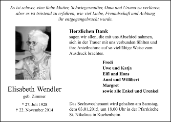 Anzeige von Elisabeth Wendler von  Blickpunkt Euskirchen 