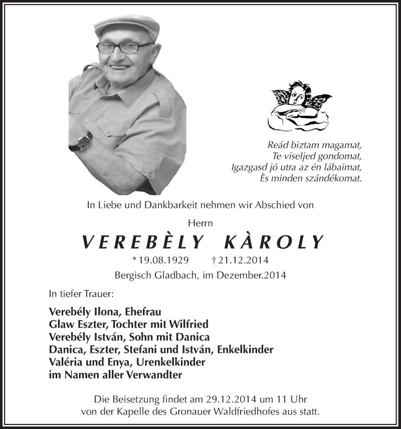  Traueranzeige für Verebely Karoly vom 27.12.2014 aus  Bergisches Sonntagsblatt 