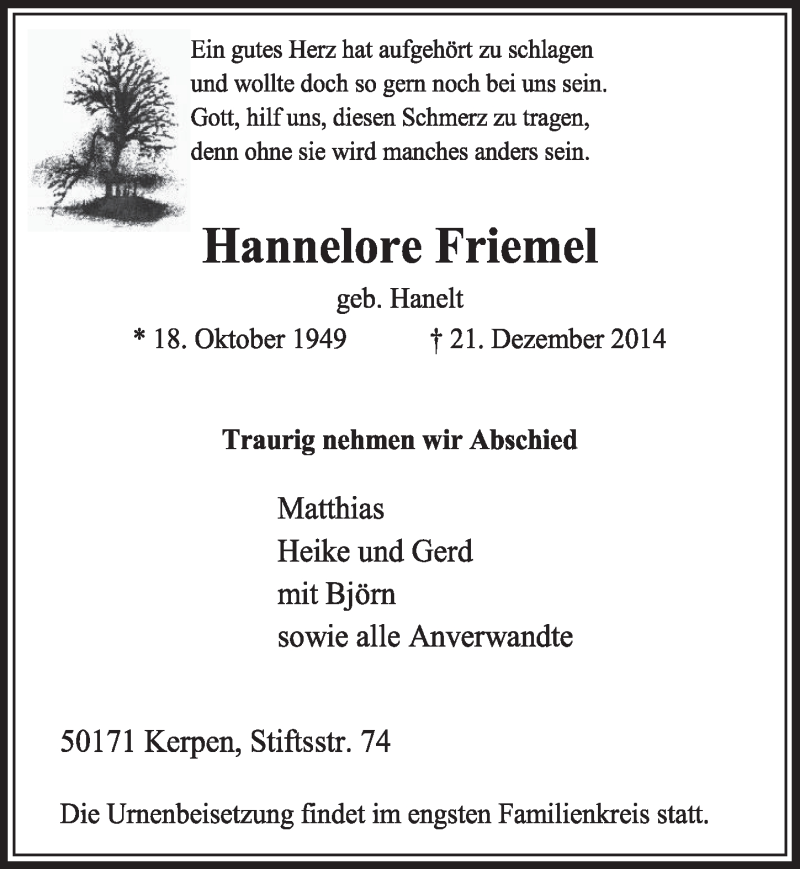  Traueranzeige für Hannelore Friemel vom 03.01.2015 aus  Sonntags-Post 
