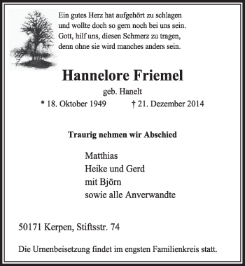 Anzeige von Hannelore Friemel von  Sonntags-Post 