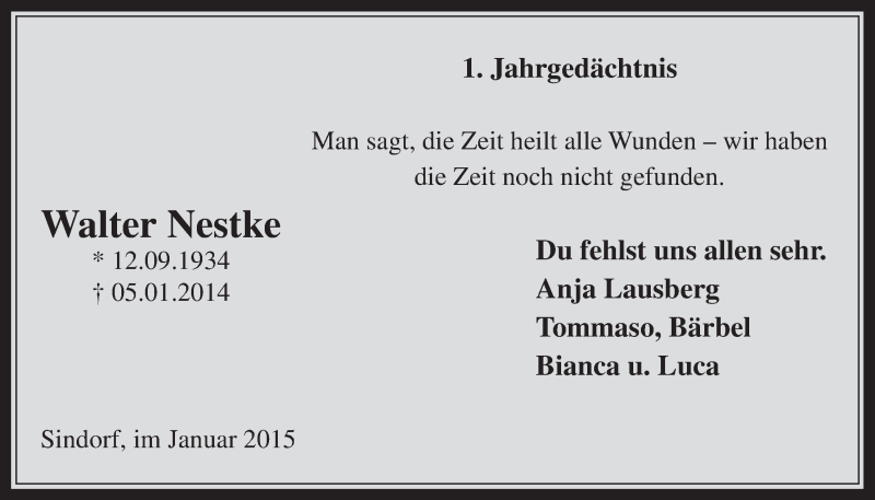  Traueranzeige für Walter Nestke vom 03.01.2015 aus  Sonntags-Post 