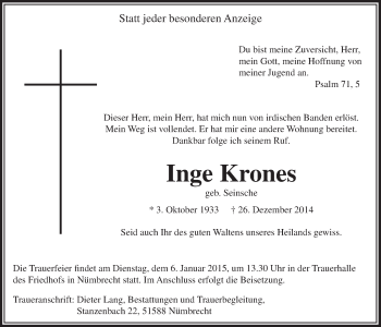 Anzeige von Inge Krones von  Lokalanzeiger 
