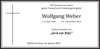 Anzeige von Wolfgang Weber von  Sonntags-Post 