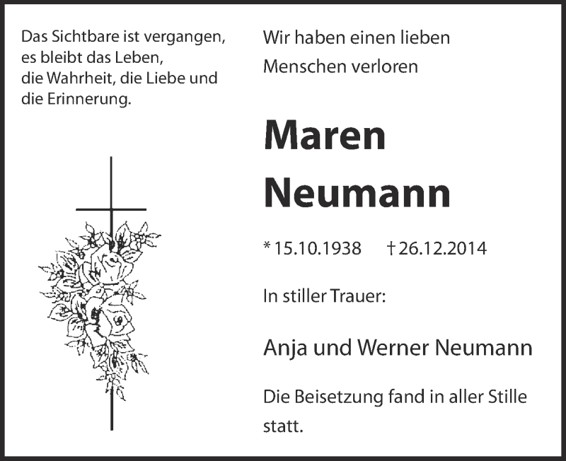  Traueranzeige für Maren Neumann vom 07.01.2015 aus  Kölner Wochenspiegel 