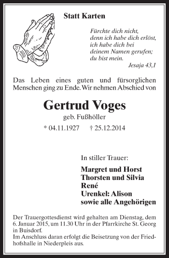 Anzeige von Gertrud Voges von  Rhein-Sieg-Wochenende 