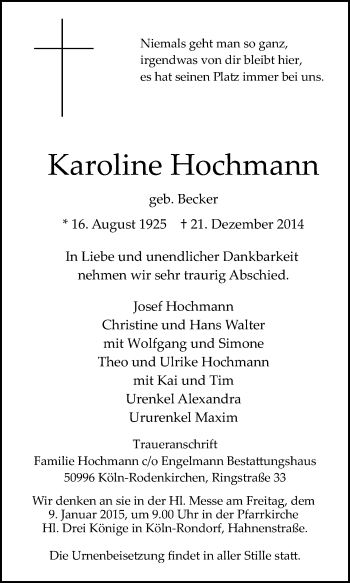 Anzeige von Karoline Hochmann von  Kölner Wochenspiegel 
