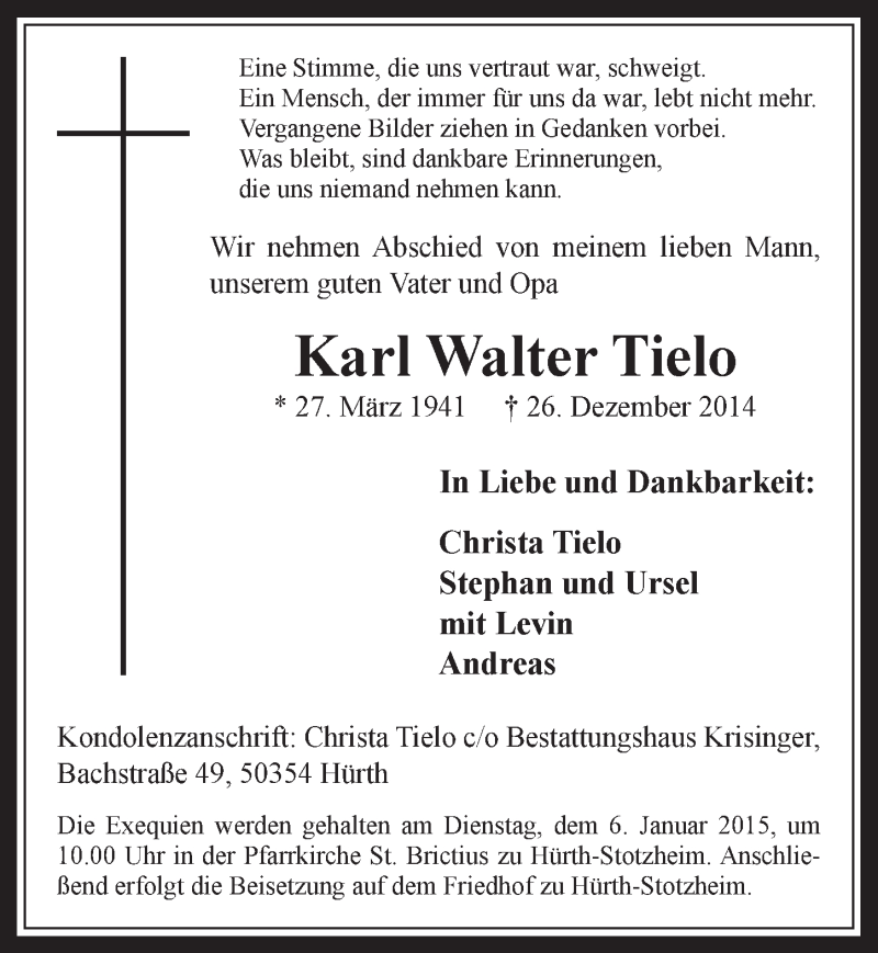 Traueranzeige für Karl Walter Tielo vom 03.01.2015 aus  Sonntags-Post 