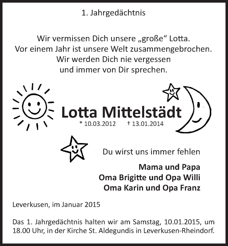  Traueranzeige für Lotta und Mika Mittelstädt vom 07.01.2015 aus  Lokale Informationen  Schlossbote/Werbekurier 