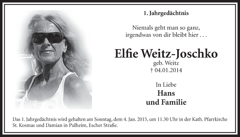  Traueranzeige für Elfte Weitz-Joschko vom 03.01.2015 aus  Sonntags-Post 