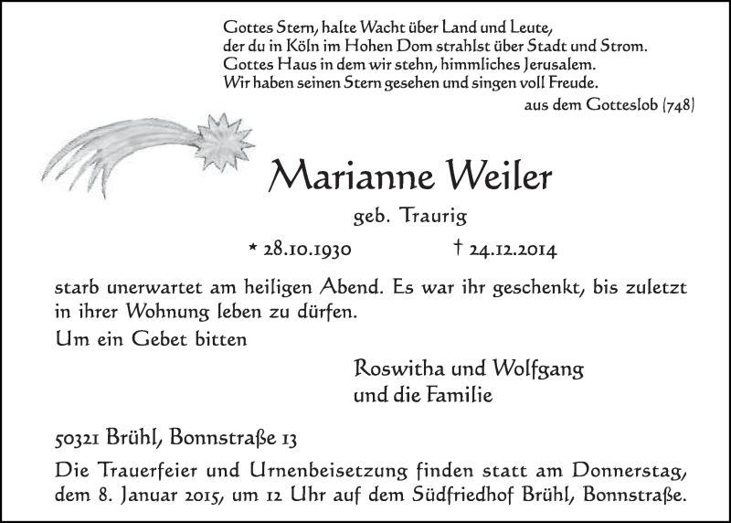  Traueranzeige für Marianne Weiler vom 07.01.2015 aus  Schlossbote/Werbekurier 