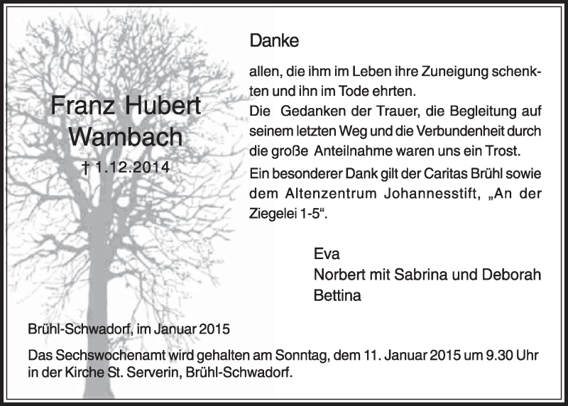  Traueranzeige für Franz Hubert Wambach vom 07.01.2015 aus  Schlossbote/Werbekurier 