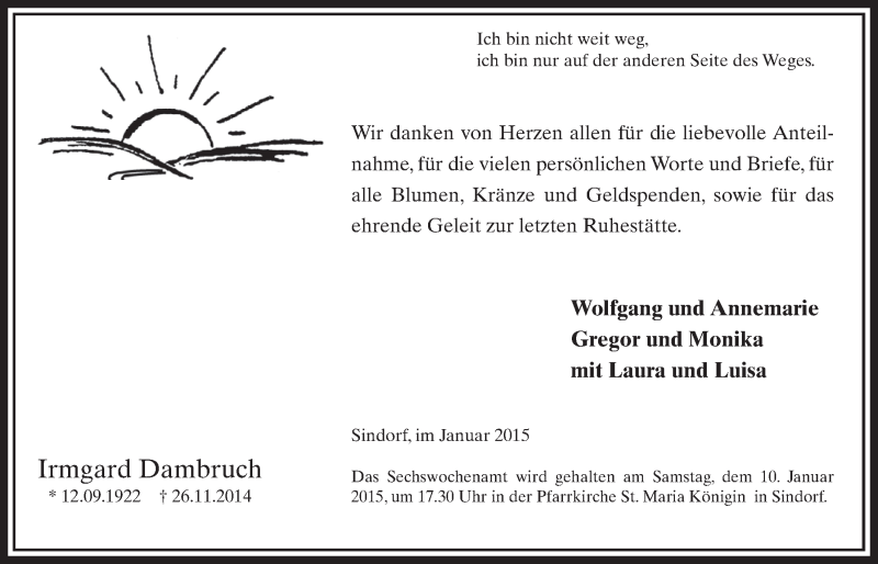 Traueranzeige für Irmgard Dambruch vom 03.01.2015 aus  Sonntags-Post 