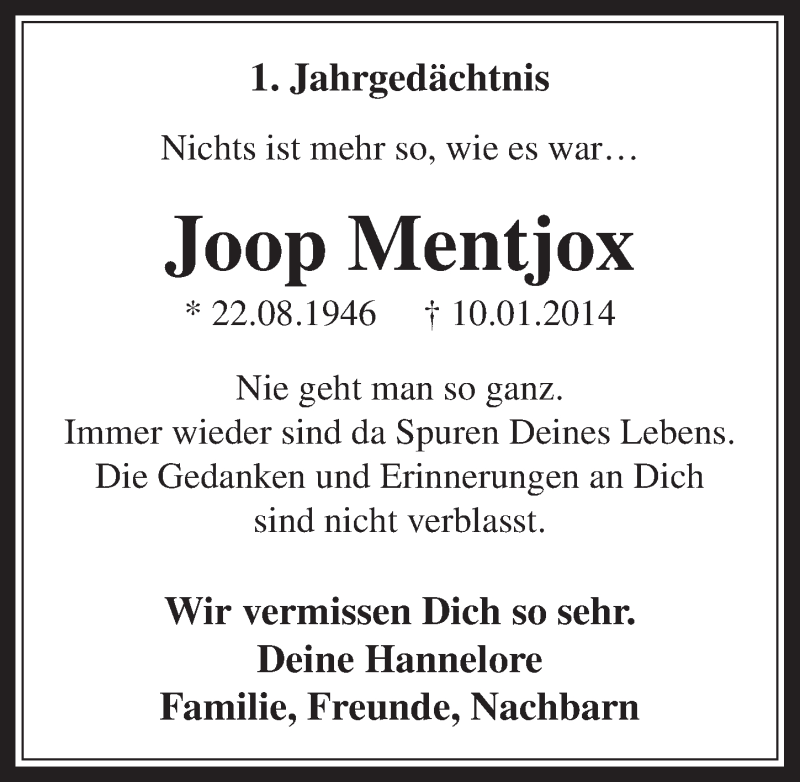  Traueranzeige für Joop Mentjox vom 07.01.2015 aus  Werbepost 