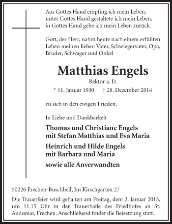 Anzeige von Matthias Engels von  Sonntags-Post 