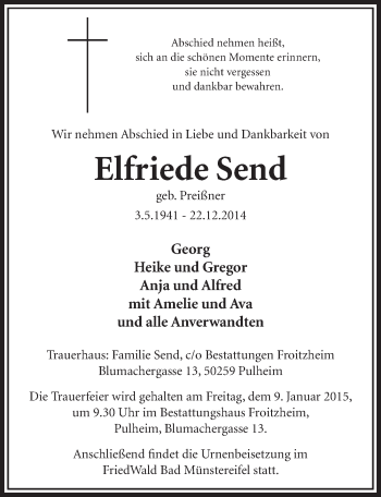 Anzeige von Elfriede Send von  Sonntags-Post 