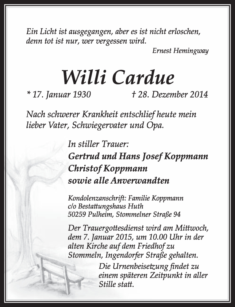  Traueranzeige für Willi Cardue vom 03.01.2015 aus  Sonntags-Post 