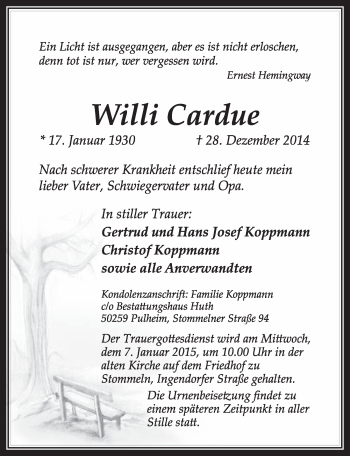 Anzeige von Willi Cardue von  Sonntags-Post 