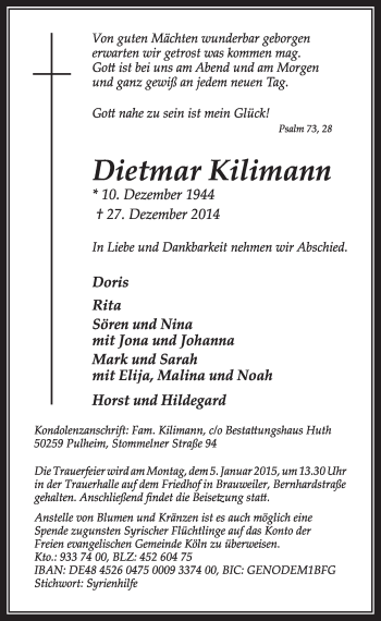 Anzeige von Dietmar Kilimann von  Sonntags-Post 