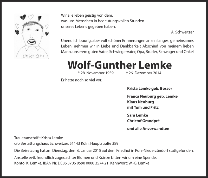  Traueranzeige für Wolf-Gunther Lemke vom 07.01.2015 aus  Kölner Wochenspiegel 