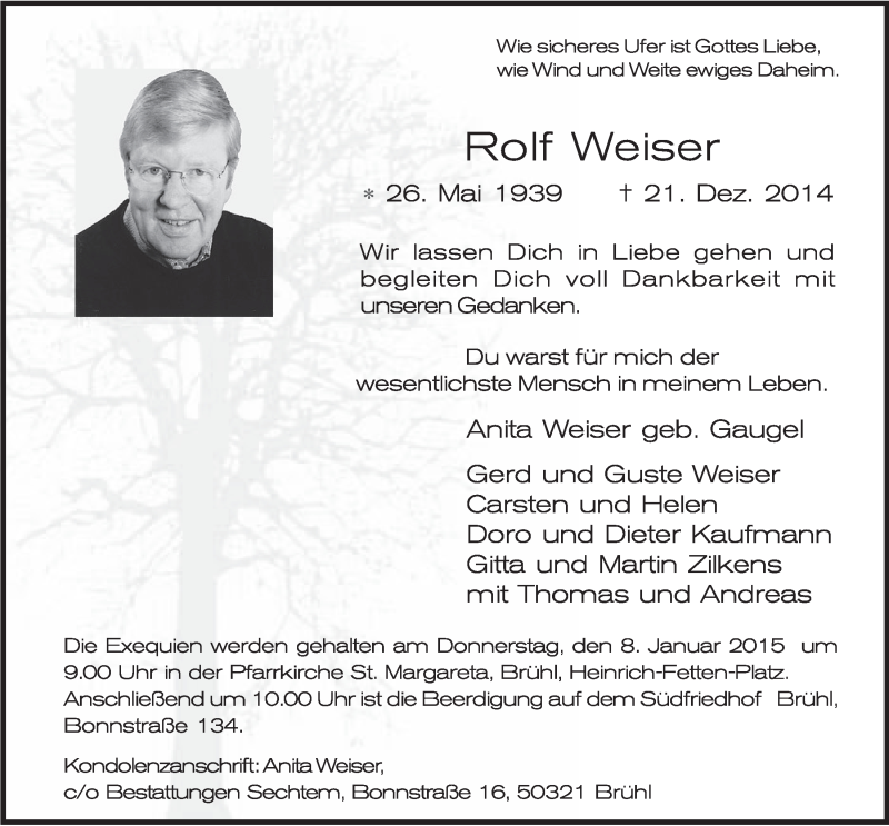  Traueranzeige für Rolf Weiser vom 07.01.2015 aus  Schlossbote/Werbekurier 