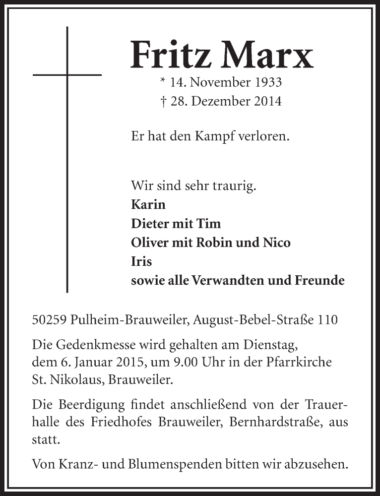  Traueranzeige für Fritz Marx vom 03.01.2015 aus  Sonntags-Post 