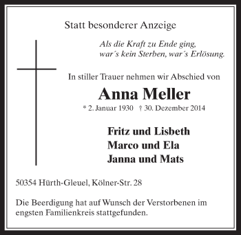 Anzeige von Anna Meller von  Wochenende 