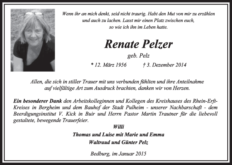  Traueranzeige für Renate Pelzer vom 10.01.2015 aus  Sonntags-Post 