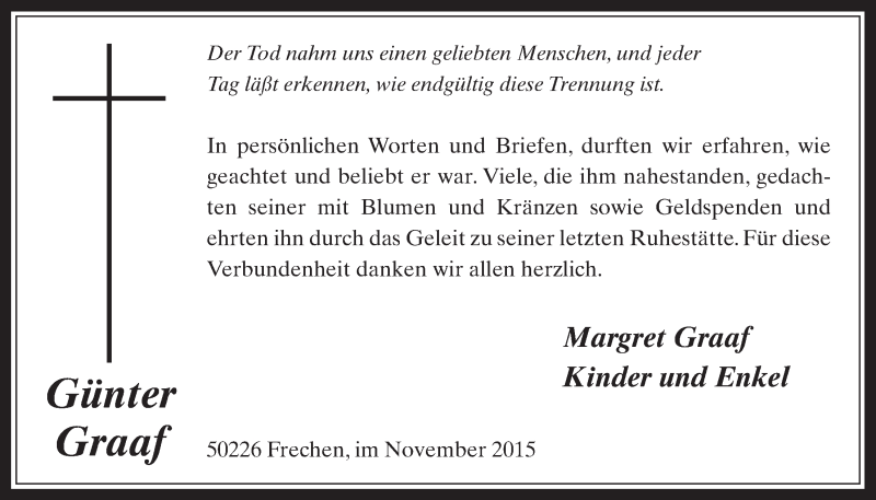  Traueranzeige für Günther Graaf vom 04.11.2015 aus  Wochenende 