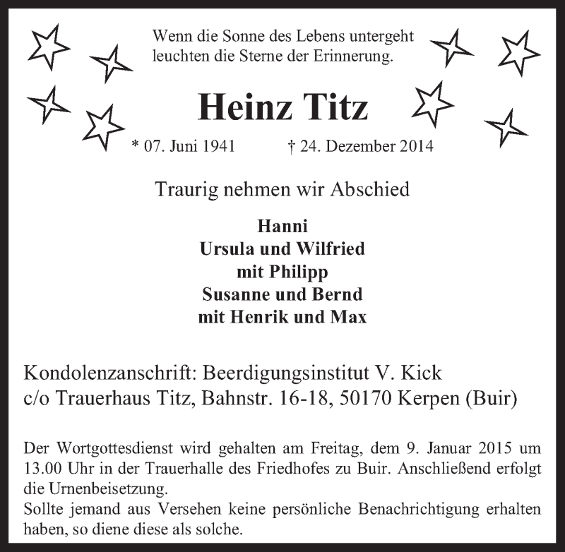  Traueranzeige für Heinz Titz vom 07.01.2015 aus  Werbepost 