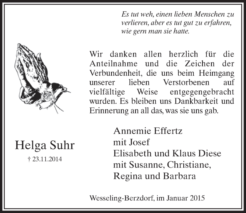  Traueranzeige für Helga Suhr vom 07.01.2015 aus  Schlossbote/Werbekurier 