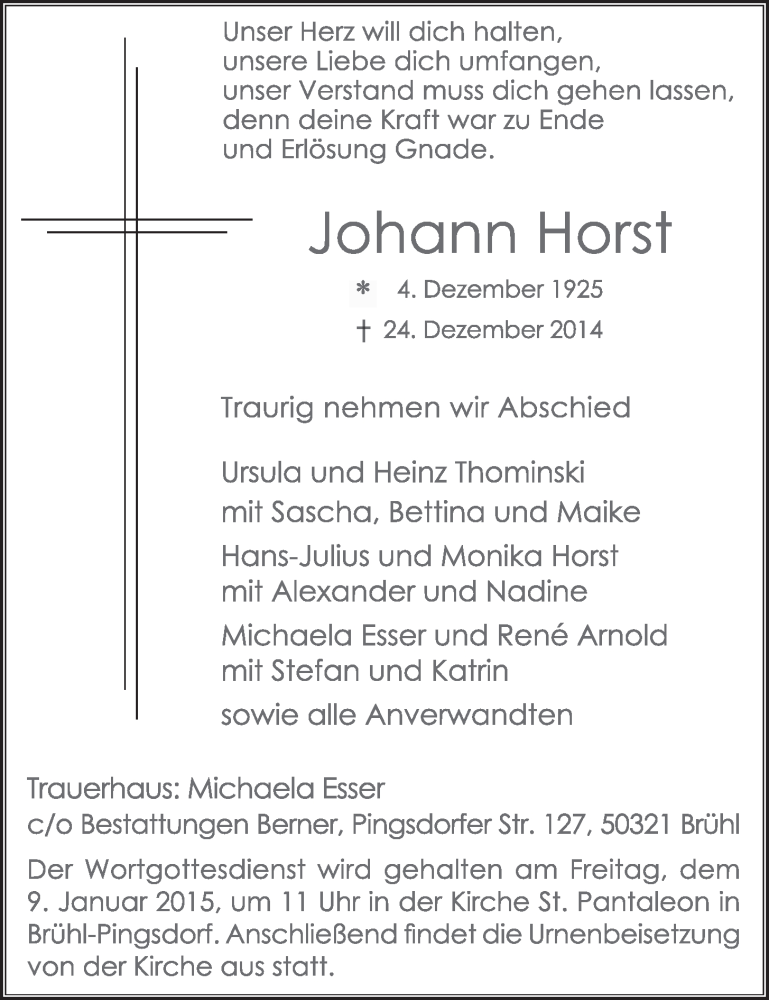  Traueranzeige für Johann Horst vom 07.01.2015 aus  Schlossbote/Werbekurier 