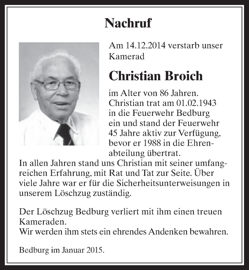  Traueranzeige für Christian Broich vom 07.01.2015 aus  Werbepost 