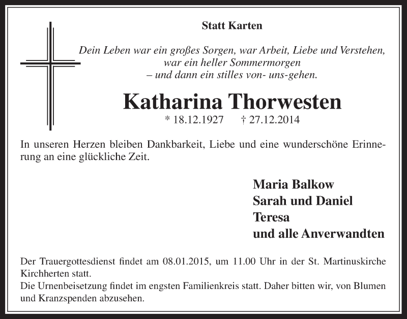  Traueranzeige für Katharina Thorwesten vom 07.01.2015 aus  Werbepost 