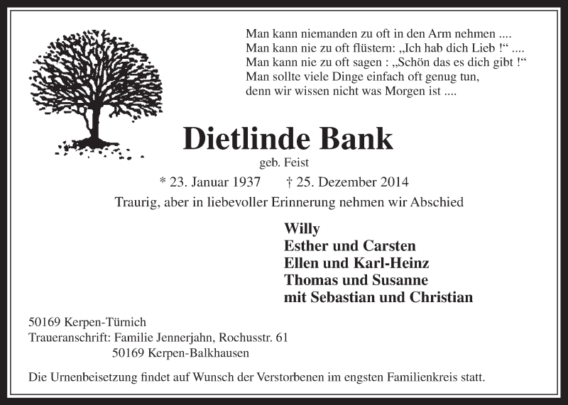  Traueranzeige für Dietlinde Bank vom 07.01.2015 aus  Werbepost 