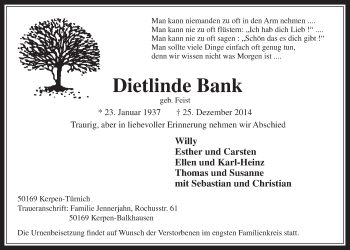 Anzeige von Dietlinde Bank von  Werbepost 