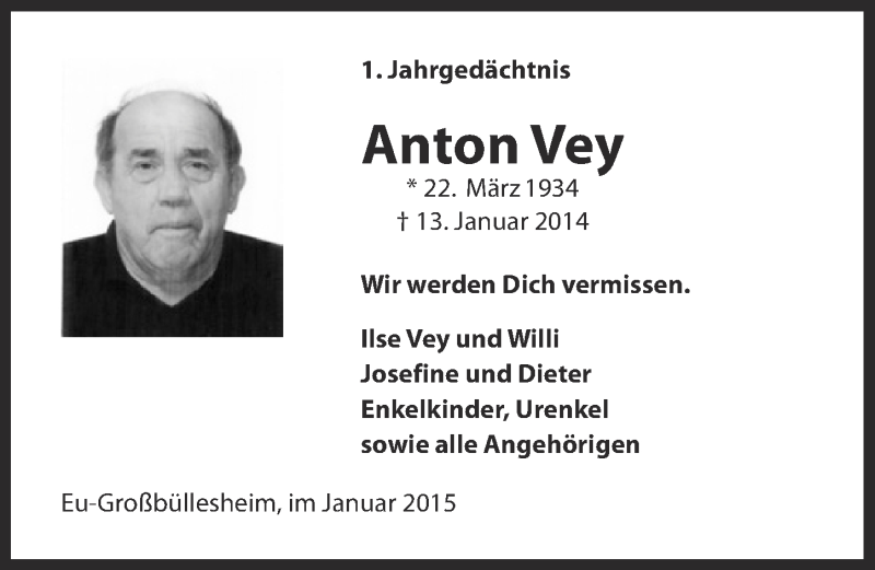  Traueranzeige für Anton Vey vom 04.01.2015 aus  Blickpunkt Euskirchen 
