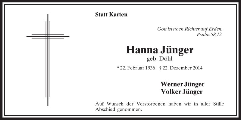  Traueranzeige für Hanna Jünger vom 07.01.2015 aus  Lokalanzeiger 