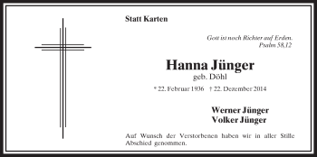 Anzeige von Hanna Jünger von  Lokalanzeiger 