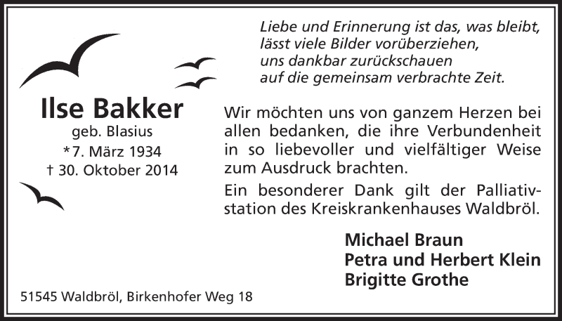  Traueranzeige für Ilse Bakker vom 07.01.2015 aus  Lokalanzeiger 